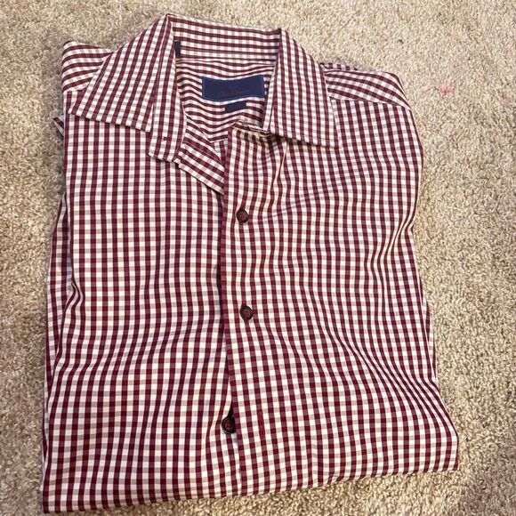 David Donahue Trim Fit Small Check Print Collar Shirt in Berry 16 -32/33 $155 - Picture 1 of 5